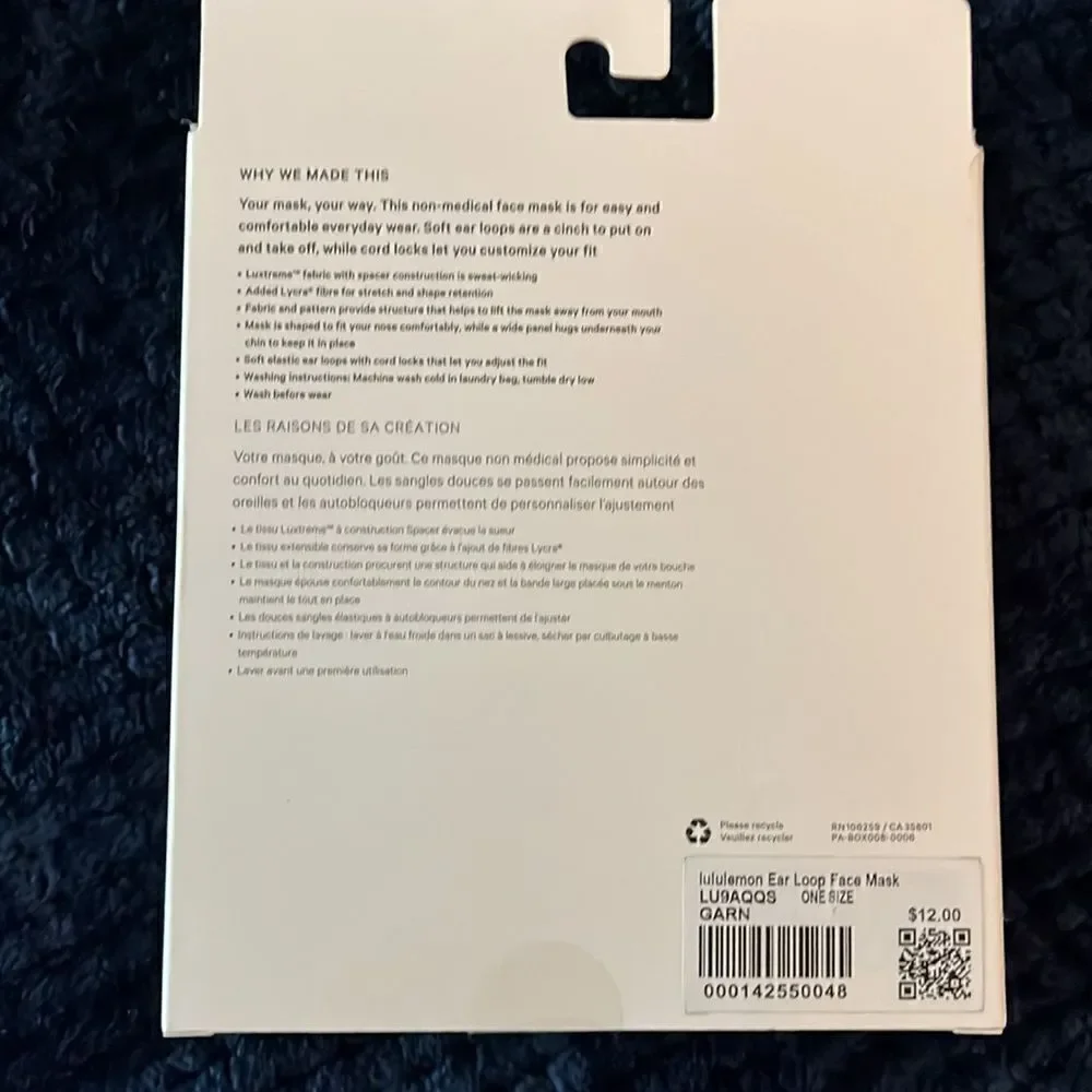 BNIB Red Garnet South Carolina New unisex Lululemon Ear Loop Face Mask in Box